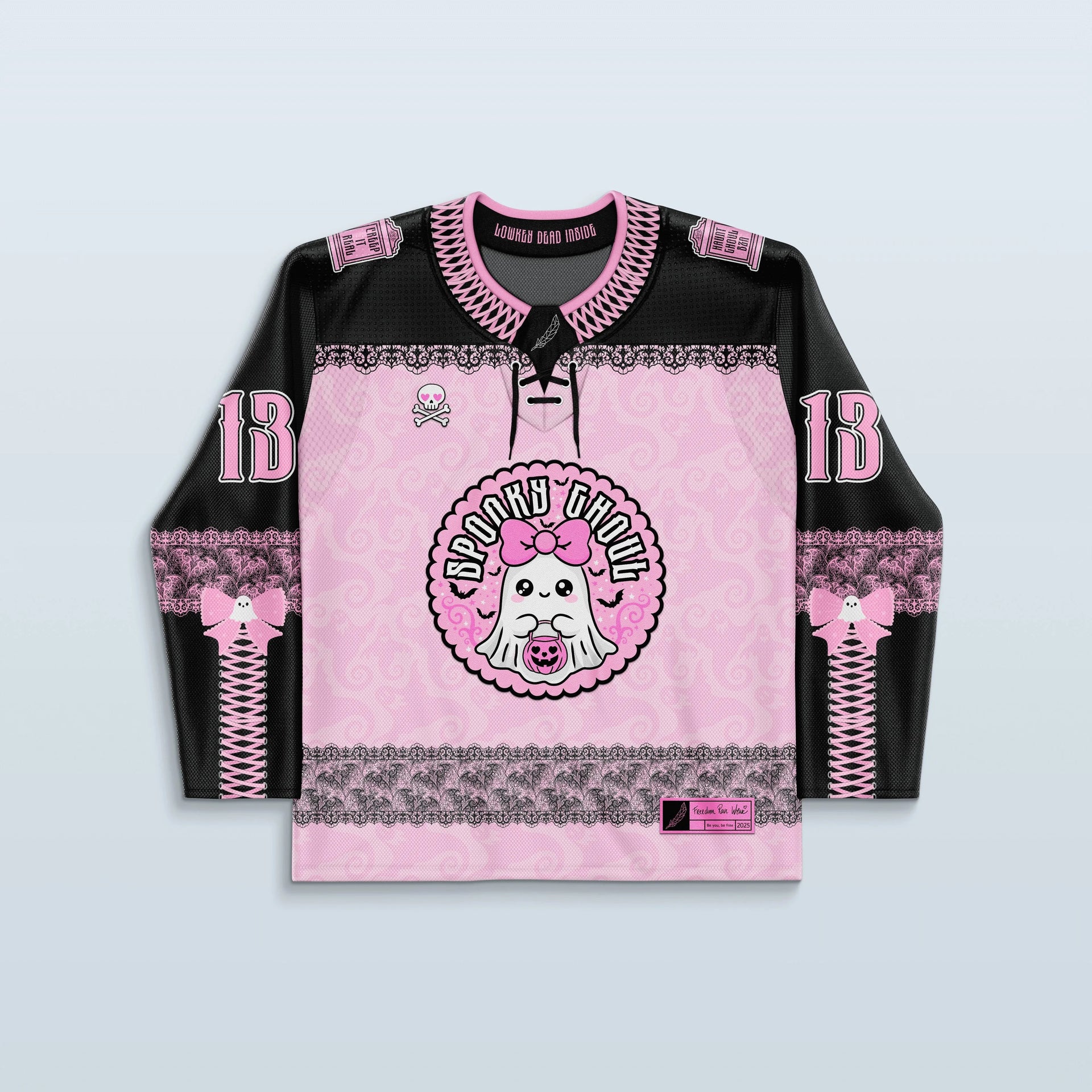 Boo Hockey Jersey in pink and black, front view, featuring a cute ghost graphic and number 13, perfect for a rave festival.