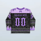 The back of the Cute But Psycho V2 Purple rave jersey, showcasing a black and purple design with "FUELED BY SPITE" text, a large 'M', and purple flame details on the sleeves, perfect for a festival.