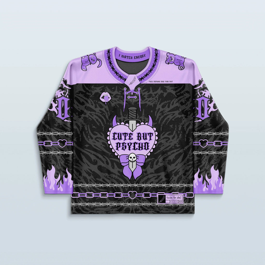 Front view of the Rave Jersey - Cute But Psycho Hockey - V2 Purple, featuring a central graphic of a heart, dagger, and skull, with barbed wire and flame details, perfect for a festival outfit.