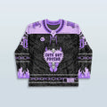 Front view of the Rave Jersey - Cute But Psycho Hockey - V2 Purple, featuring a central graphic of a heart, dagger, and skull, with barbed wire and flame details, perfect for a festival outfit.