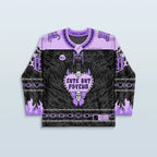 Front view of the Rave Jersey - Cute But Psycho Hockey - V2 Purple, featuring a central graphic of a heart, dagger, and skull, with barbed wire and flame details, perfect for a festival outfit.