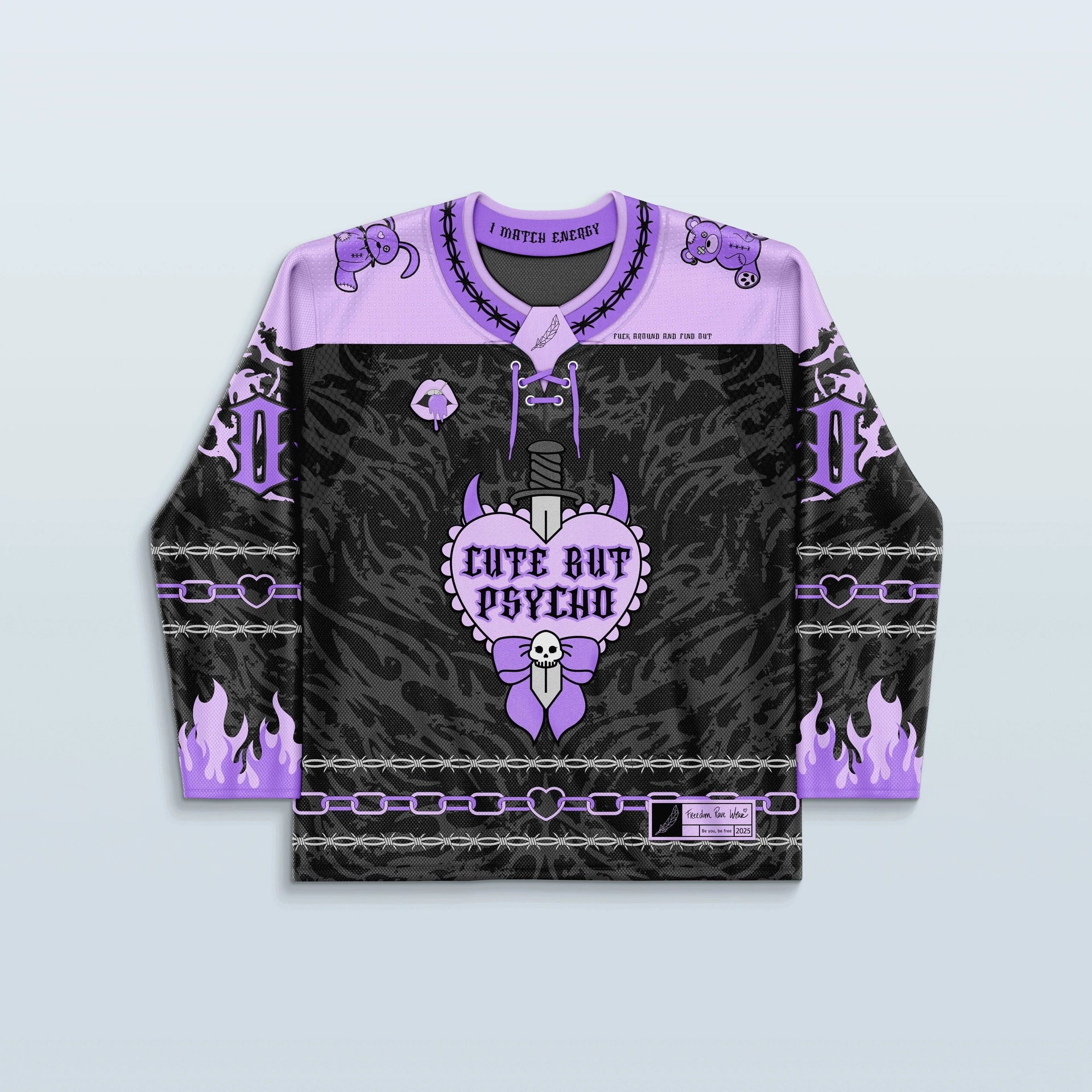 Front view of the Rave Jersey - Cute But Psycho Hockey - V2 Purple, featuring a central graphic of a heart, dagger, and skull, with barbed wire and flame details, perfect for a festival outfit.