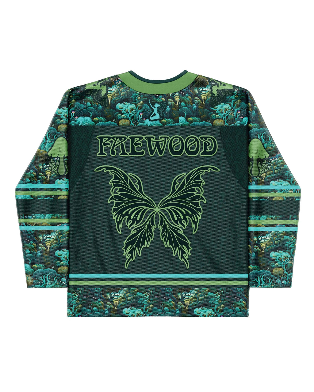 Back view of the Faewood Hockey Jersey, a dark green rave top with a large light green butterfly graphic and "FAEWOOD" text, set against an enchanted forest pattern with a fairy silhouette, perfect for festivals.