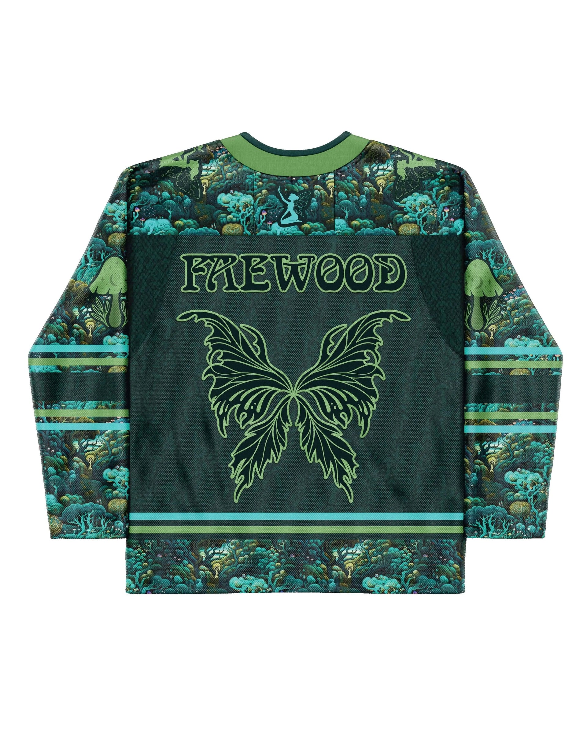 Back view of the Faewood Hockey Jersey, a dark green rave top with a large light green butterfly graphic and "FAEWOOD" text, set against an enchanted forest pattern with a fairy silhouette, perfect for festivals.