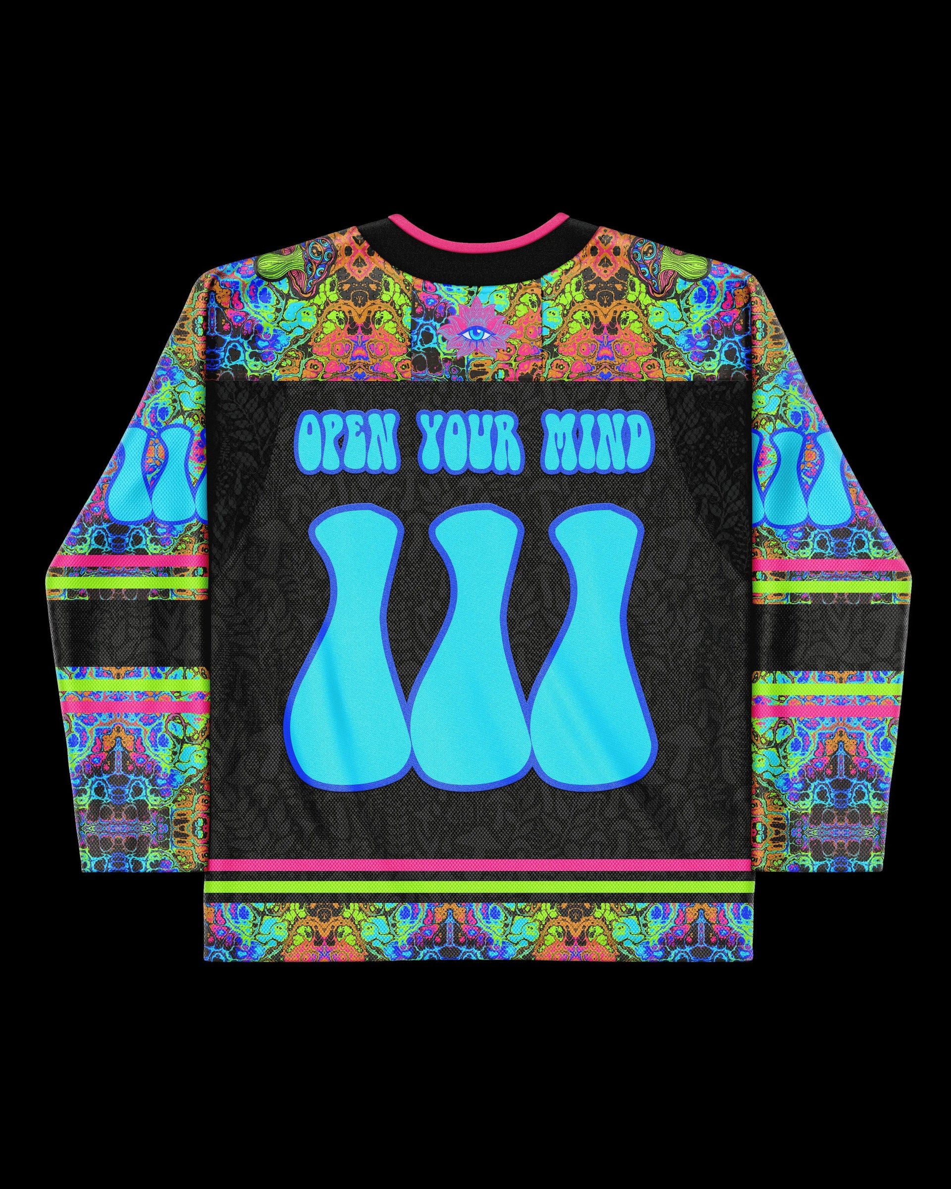 Lucidity Hockey Jersey back view, showcasing a vibrant psychedelic pattern, "OPEN YOUR MIND" text, and mushroom graphics, perfect for rave festivals.