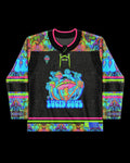 Front view of the Lucidity Hockey Jersey, a black rave top with vibrant psychedelic patterns and a glowing mushroom graphic, perfect for festivals.