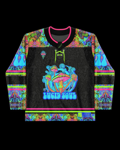 Front view of the Lucidity Hockey Jersey, a black rave top with vibrant psychedelic patterns and a glowing mushroom graphic, perfect for festivals.