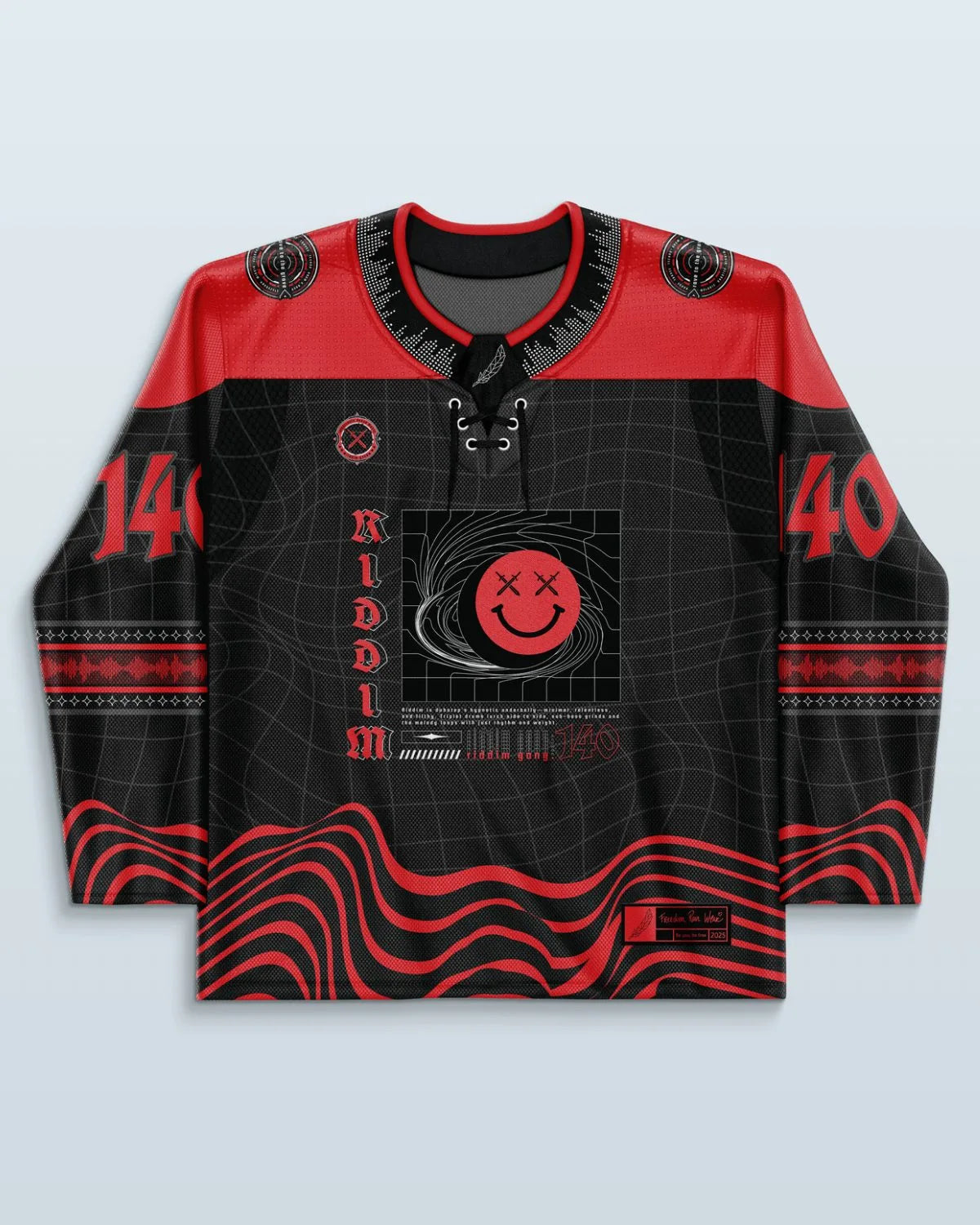 Riddim Hockey Jersey front view, black and red with a grid pattern and a red 'XX' smiley face, perfect for rave festivals.