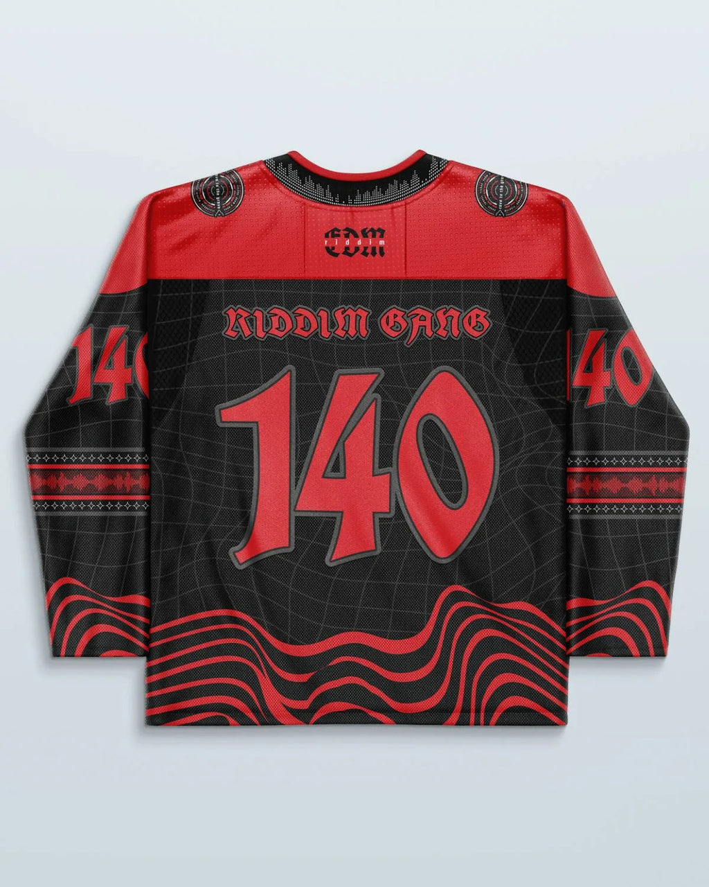 Riddim Hockey Jersey back view, black and red with 'Riddim Gang' and '140' text, perfect for festival wear.