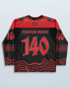 Riddim Hockey Jersey back view, black and red with 'Riddim Gang' and '140' text, perfect for festival wear.