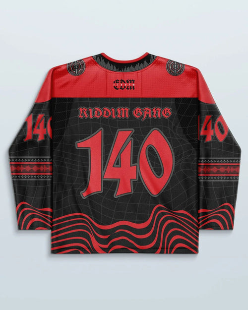 Riddim Hockey Jersey back view, black and red with 'Riddim Gang' and '140' text, perfect for festival wear.