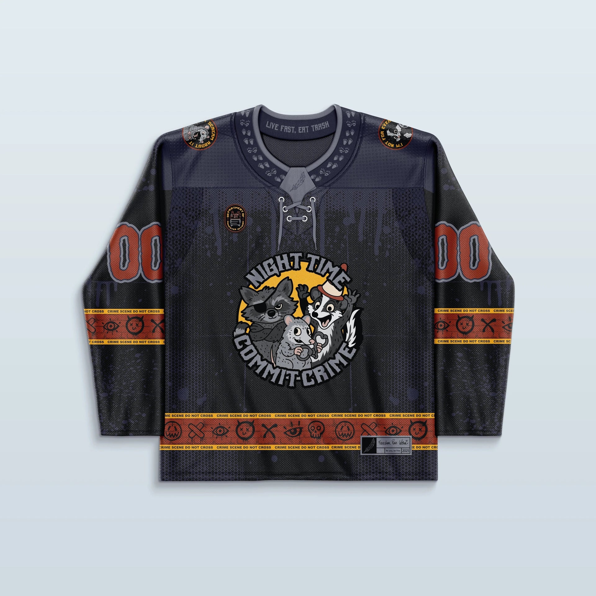 Trash Brigade Hockey Jersey front view, dark with a 'Night Time Commit Crime' graphic, perfect for rave festival fashion.