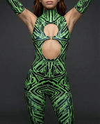 Techtronix Cold Shoulder Jumpsuit front view, featuring neon green circuitry on black fabric, high-neck, and dual keyhole cutouts with a metal O-ring, perfect for rave festivals.