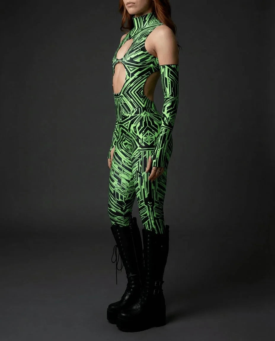 Techtronix Cold Shoulder Jumpsuit in neon green and black, viewed from the side, perfect for a rave festival.