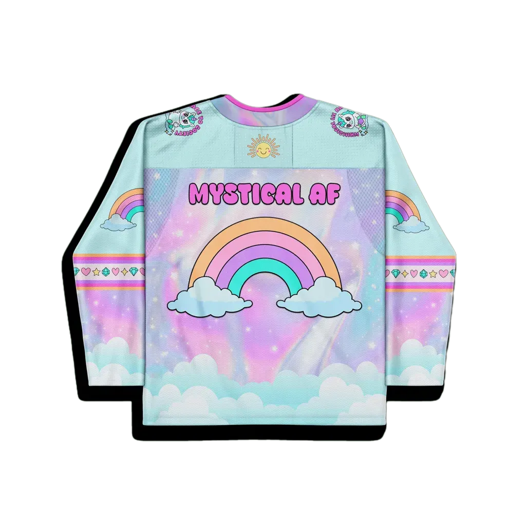 Front detail of a model wearing a pastel rainbow rave hockey jersey with 'I'M MADE OF MAGIC MOTHERFUCKER' unicorn graphic.
