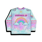 Front detail of a model wearing a pastel rainbow rave hockey jersey with 'I'M MADE OF MAGIC MOTHERFUCKER' unicorn graphic.