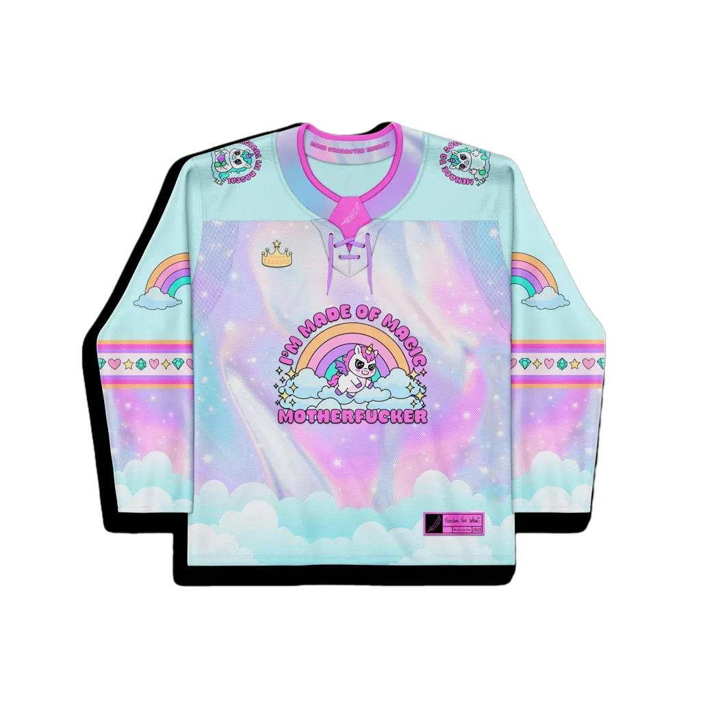 Front detail of a model wearing a pastel rainbow rave hockey jersey with 'I'M MADE OF MAGIC MOTHERFUCKER' unicorn graphic.