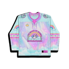 Front detail of a model wearing a pastel rainbow rave hockey jersey with 'I'M MADE OF MAGIC MOTHERFUCKER' unicorn graphic.