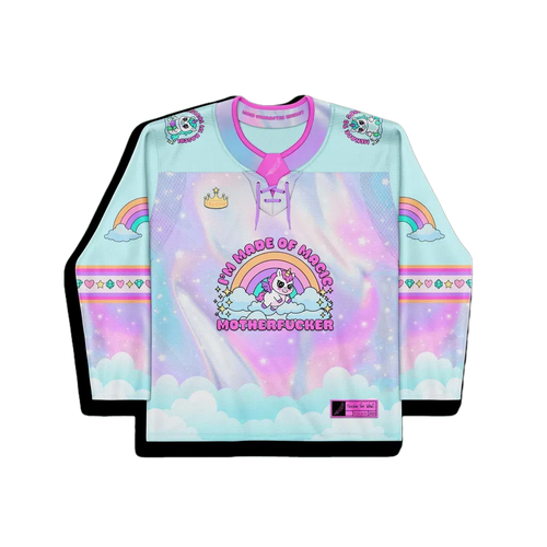Front detail of a model wearing a pastel rainbow rave hockey jersey with 'I'M MADE OF MAGIC MOTHERFUCKER' unicorn graphic.