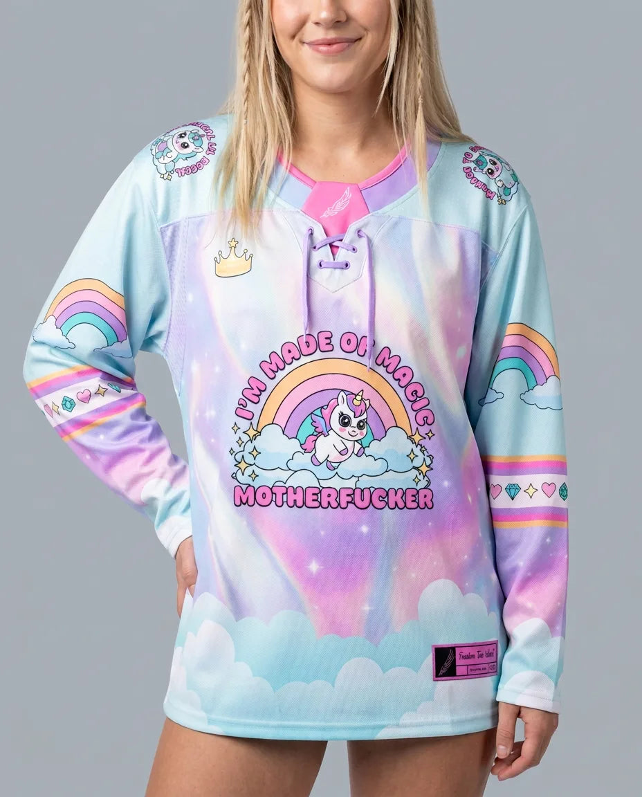 Front view of model wearing a vibrant rave Mystical AF Hockey Jersey with pastel rainbow, unicorn, and bold 'I'm Made of Magic Motherfucker' graphic.
