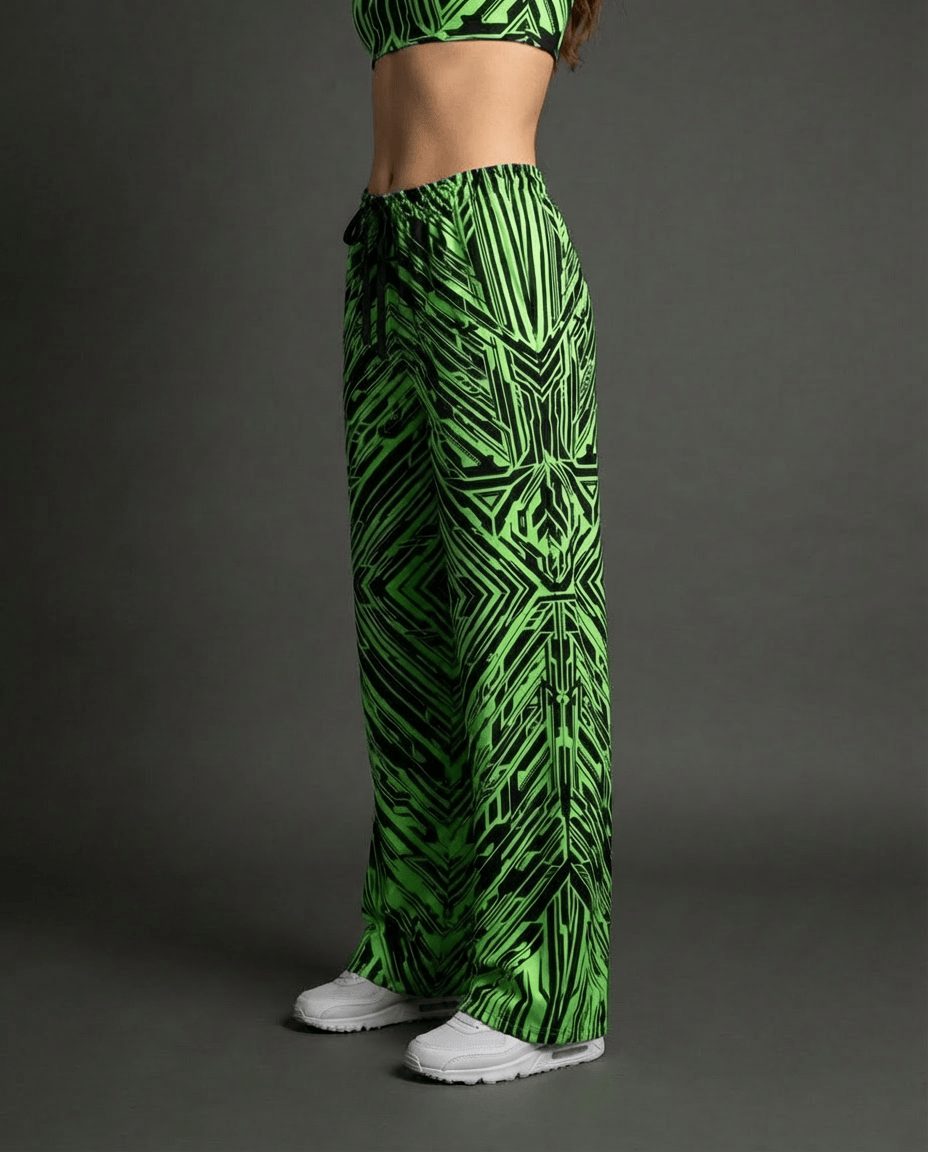 Green Techtronix circuit print rave pants worn by model from side angle with white sneakers