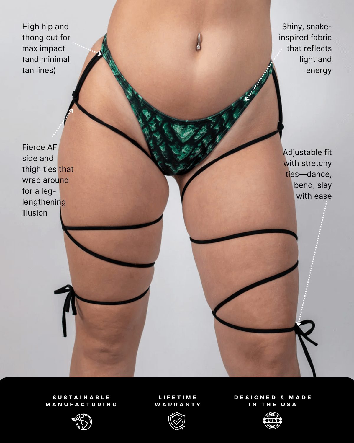 Green Predator scale print rave pants with black leg wrap ties front view festival outfit