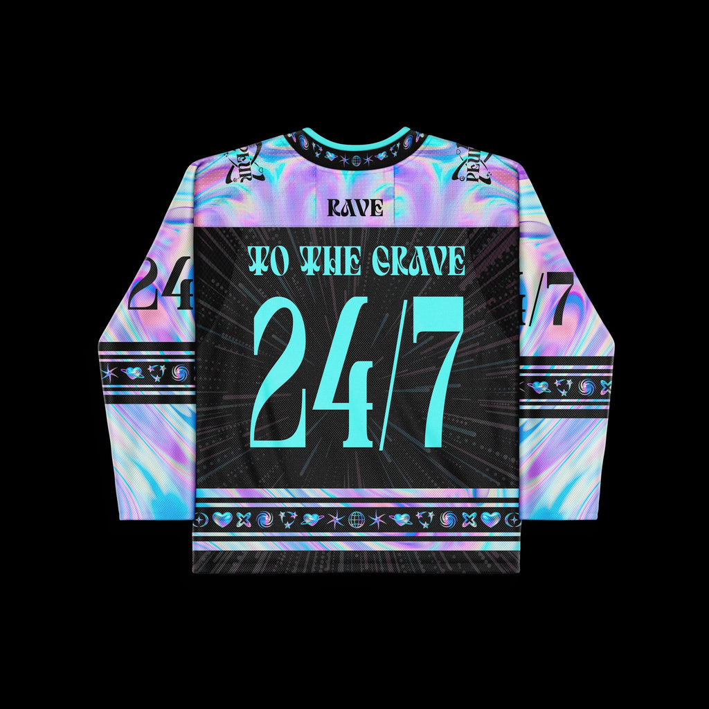 Rave to the Grave hockey jersey with holographic sleeves perfect rave bodysuit layer for festival outfit styling