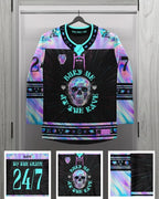 Rave to the Grave hockey jersey with holographic sleeves perfect over rave bodysuit for festival outfit styling
