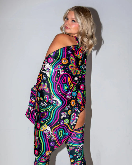 Awaken Festival Scarf in a psychedelic pattern, draped over a model's side, perfect for rave festival fashion.