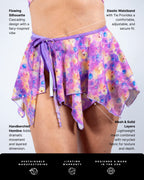 Duckies rave skirt detail shot showing purple pink yellow layered mesh handkerchief hem and elastic waistband