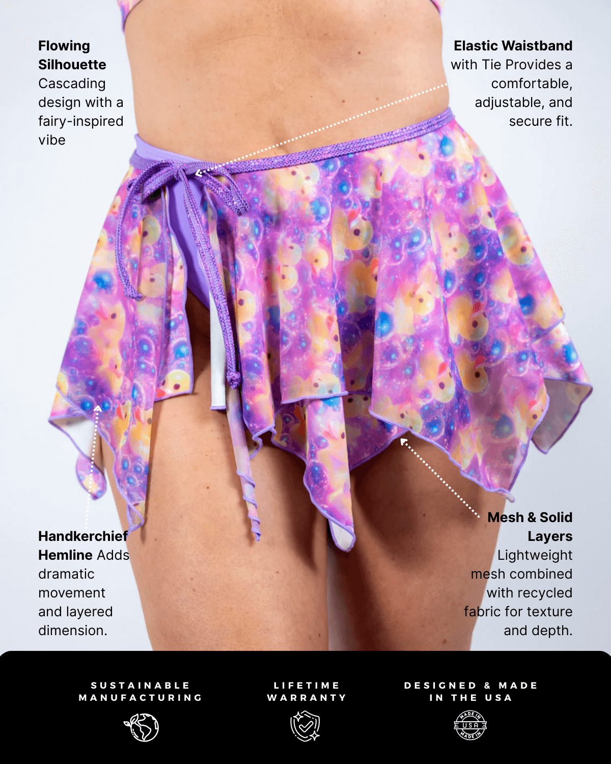 Duckies rave skirt detail shot showing purple pink yellow layered mesh handkerchief hem and elastic waistband