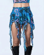 Glacial Sea Siren Skirt front view, featuring a blue, teal, and lavender liquid marble print, perfect for rave festivals.