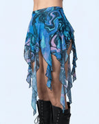 Glacial Sea Siren Skirt in blue liquid marble print, side view, featuring ruffled asymmetrical hem, perfect for rave festivals.