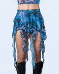Glacial Sea Siren rave skirt in flowing blue teal marble print with asymmetrical handkerchief hem front view