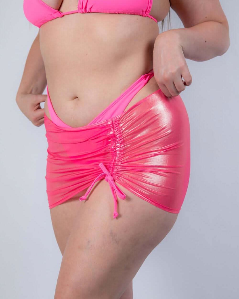 Pink holographic Peony mesh cinch rave skirt with adjustable drawstring waistband detail shot