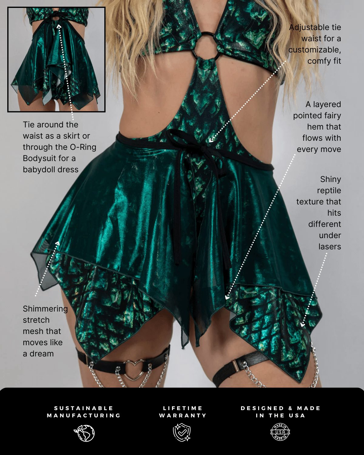 Predator rave skirt green metallic fairy hem detail shots with adjustable tie waist feature callouts