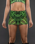 Techtronix Mesh Extra Mini Skirt in neon lime and black, shown from the front on a model, perfect for rave festivals.