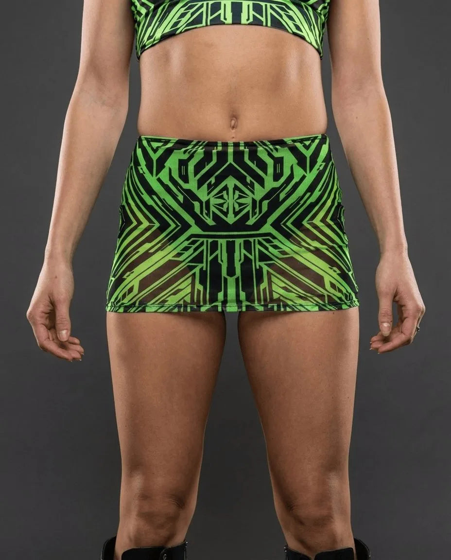 Techtronix Mesh Extra Mini Skirt in neon lime and black, shown from the front on a model, perfect for rave festivals.