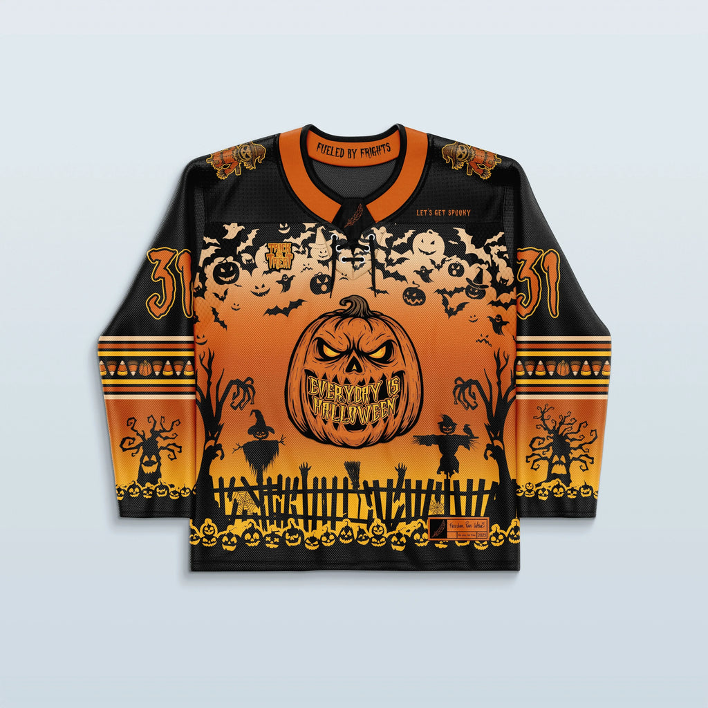Rave bodysuit inspired Spooky Szn Halloween hockey jersey in black orange gradient for festival wear