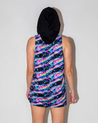 Acid Sky Men's Tank Top with Hood shown from the back, featuring vibrant neon pink, electric blue, and cosmic purple swirls, perfect for a rave festival.