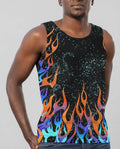 Blaze Men's Tank Top front view, featuring vibrant orange, blue, and purple flames on a black, star-scattered rave top.