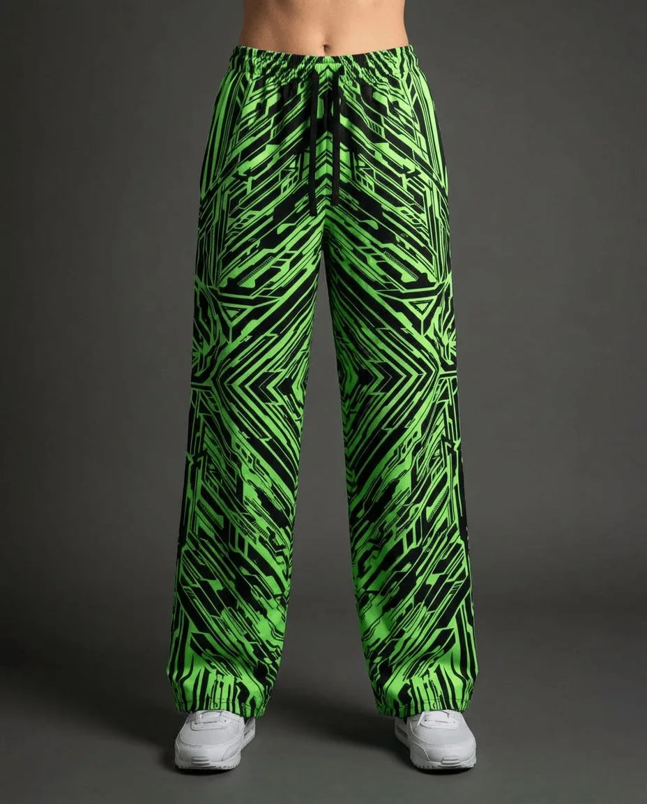 Alt Tag: Techtronix Lucy Pants neon green and black circuitry print wide-leg rave dance pants front view