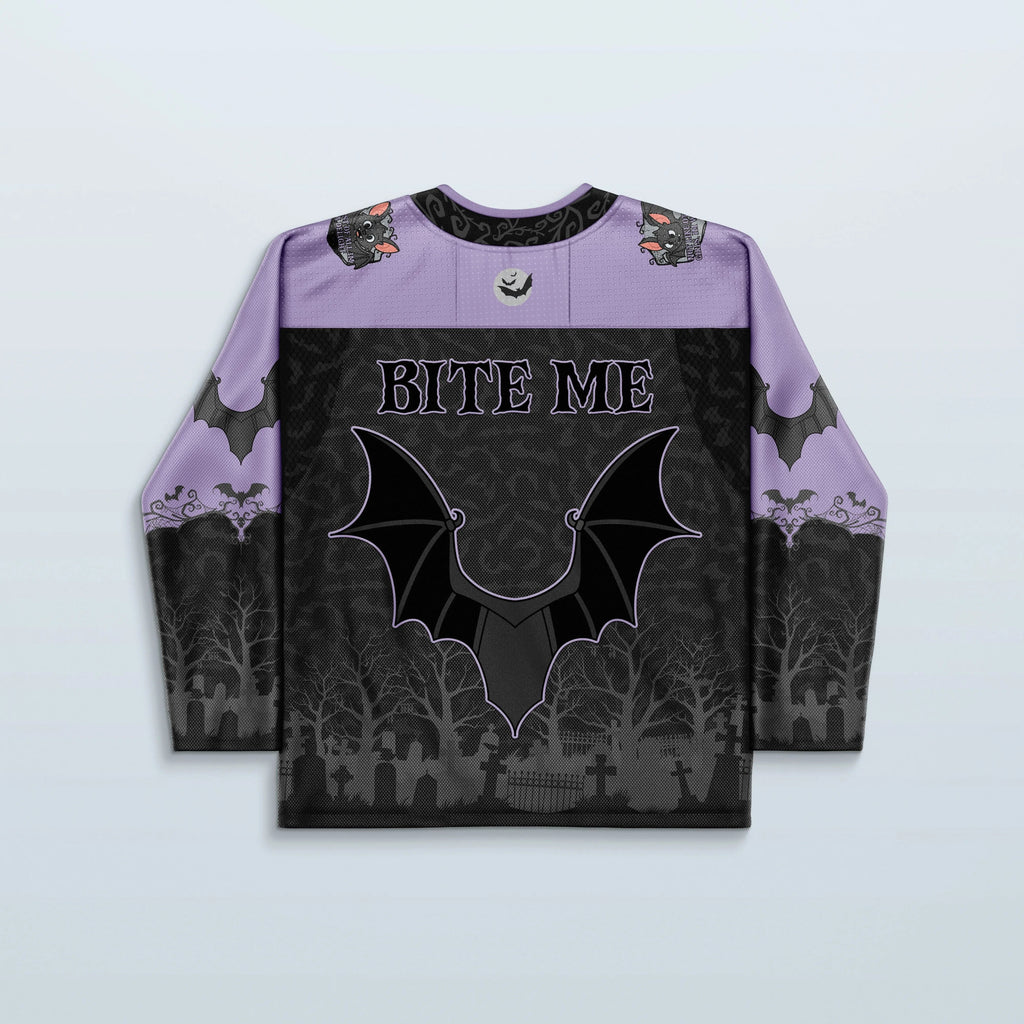 Back of the Batshit Hockey Jersey, showcasing lavender shoulders, "BITE ME" text, and a haunted graveyard scene, perfect for rave festivals.