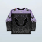 Back of the Batshit Hockey Jersey, showcasing lavender shoulders, "BITE ME" text, and a haunted graveyard scene, perfect for rave festivals.