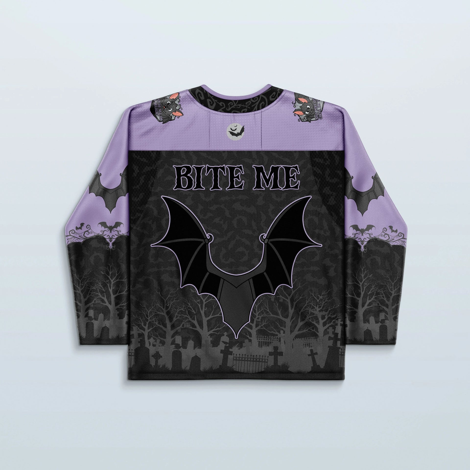 Back of the Batshit Hockey Jersey, showcasing lavender shoulders, "BITE ME" text, and a haunted graveyard scene, perfect for rave festivals.
