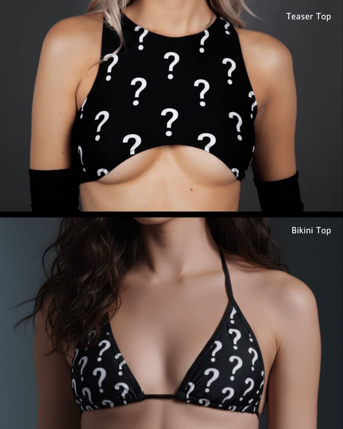 Black mystery rave top with white question marks shown in teaser and bikini styles for festival outfits