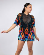 Blaze Mesh Oversized Tee front view, featuring vibrant neon flames on sheer black mesh, perfect for rave festivals.