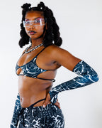 BLVDE Wonder Top in black and white pattern, worn by a model facing front, perfect for a rave festival.