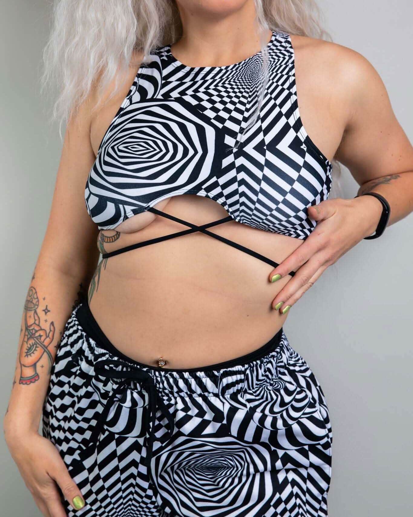 Black white distortion pattern rave top with underboob cutout and crisscross straps festival outfit