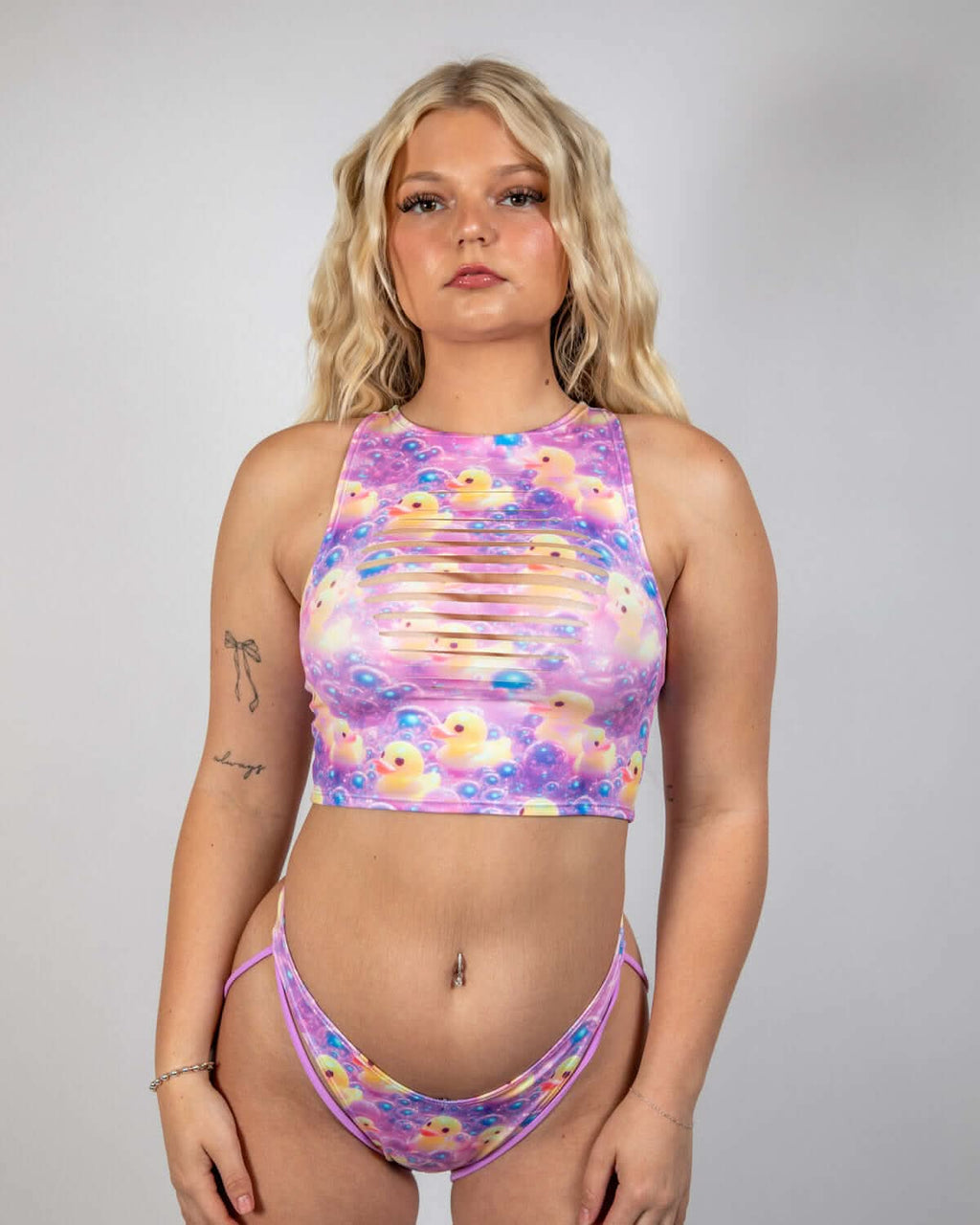 Purple duckies print rave top with chest slits modeled front view festival outfit